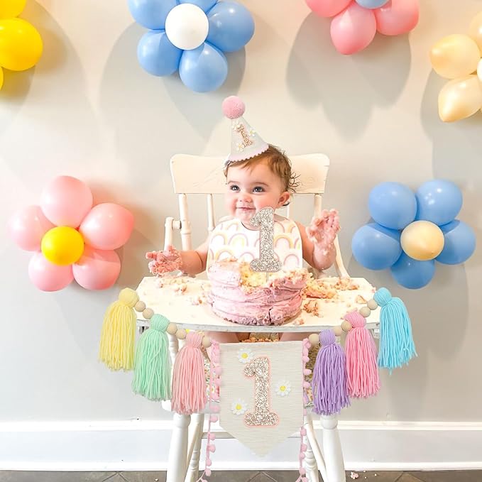 JUIIZAY Pastel First Birthday Decorations for Girl 1st High Chair Banner
