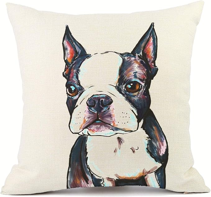Cute Pet Boston Terrier Dog Throw Pillow Covers Linen Sofa Decorative Cushion Cases for Home Decor 18×18 Inch