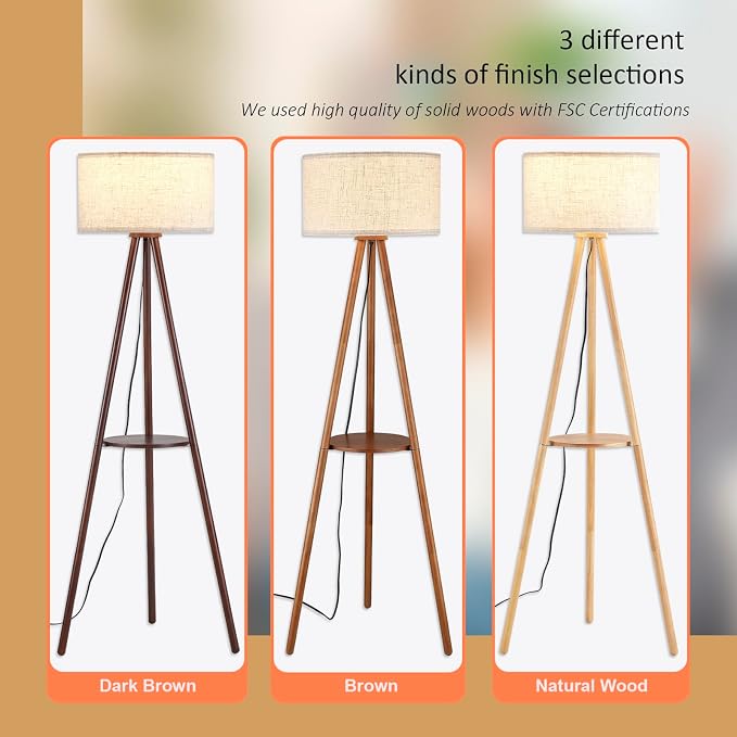 BTP Wood Tripod Floor Lamp for Living Room, 3 Color Temparature LED Bulb Included, Mid Century Modern Wooden Shelf Floor lamp with Linen Shade for Bedroom, Office, Walnut Wood Color
