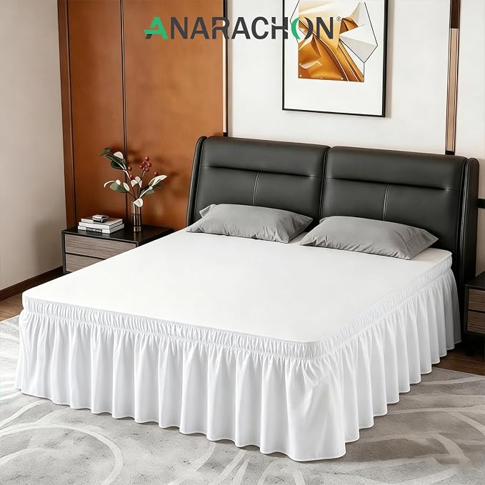 ANARACHON King Bed Skirt, Elastic Wrap Around Bed Skirt King Size, Bed Skirts for Adjustable Bed, Easy Fit with 18" Drop Length Tailored Drop Dust Ruffle (White)