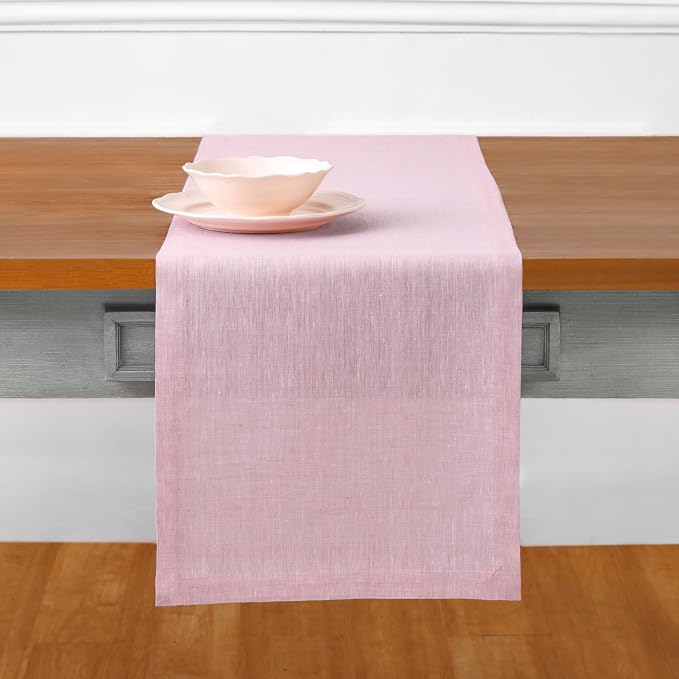 Solino Home 100% Pure Linen Dining Table Runner Pink, Athena 14 x 144 in | dresses up dining tables for everyday meals, European flax fibres, durable everyday quality, soft, fine, OEKO-TEX Certified