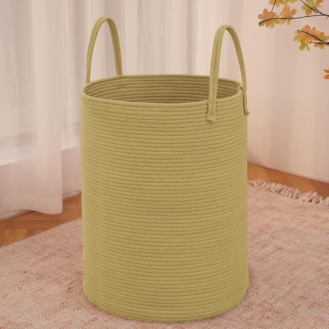 JMvicyroam 80L Cotton Rope Laundry Basket Hamper, Jute | Collapsible laundry basket, reinforced handles, freestanding, machine washable, holds 3-5 thick blankets, clothes or toys