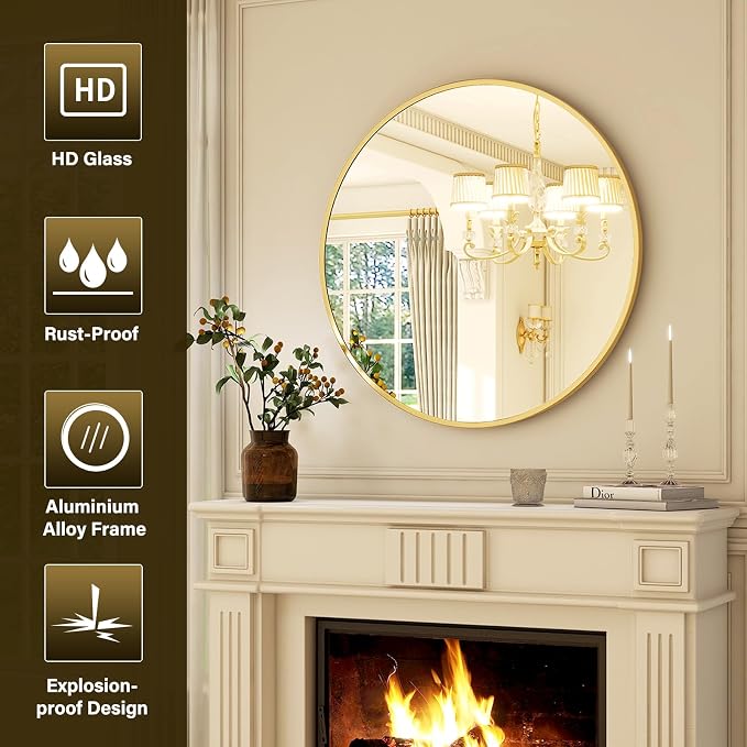 XRAMFY 30 Inch Round Mirror-Gold Circle Mirrors for Bathroom, Entryway | Modern Hanging Vanity Mirror for Livingroom, Wall Decor, Bedroom, Matte Gold Circle Decorative Wall Mirror