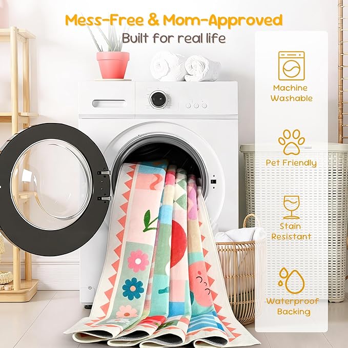 Washable Pink Area Rugs for Bedroom Girls, 4x6 Soft Checkered Playroom Carpet with Cute Sun & Rainbow Fruit Design, Non-Slip Decorative Floor Mat