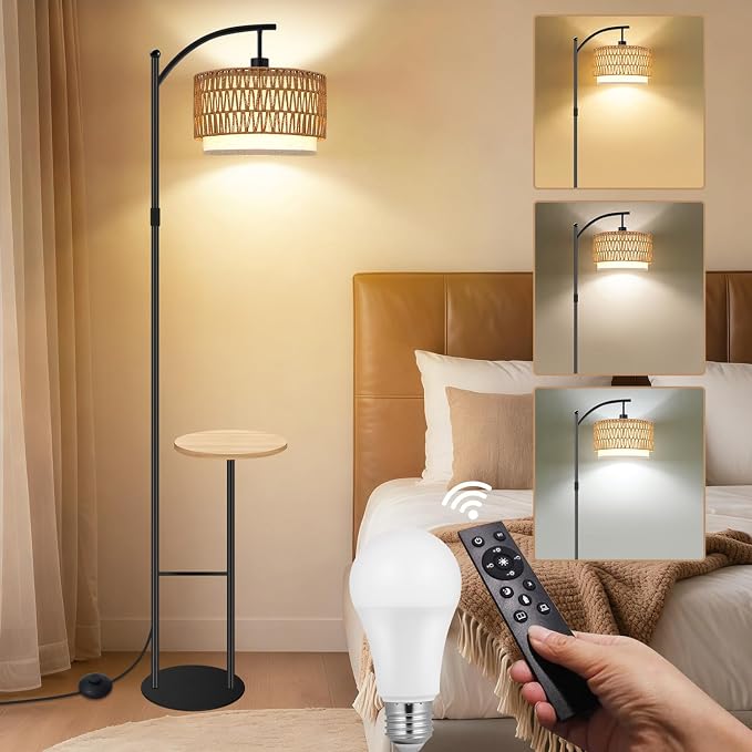 Vinaco Rattan Boho Floor Lamp with Table, Dimmable Remote & Foot Switch