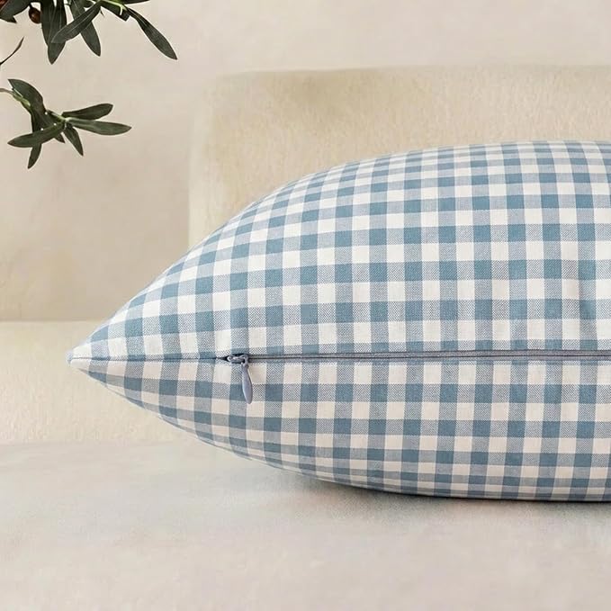 Farmhouse Light Dusty Blue Gingham Throw Pillow Covers 20x20 Set of 2 | 20 x 20 Blue Outdoor Throw Pillows, Outdoor Pillows for Patio Furniture Front Porch, Blue and White Outside Decorative Pillow