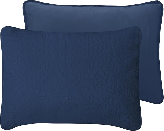 Easy-Going Reversible Quilt Set King, Bedspread with 2 Shams | Olive leaf-Dark Blue/Light Blue, Lightweight Microfiber Bed Comforter, 1 Quilt + 2 Pillow Shams, All-Season Coverlets