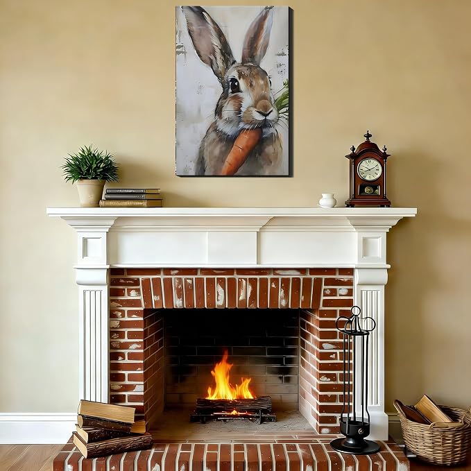 Rabbit Eating Carrot Framed Canvas Wall Art, Vintage Bunny Portrait Canvas Prints, Easter Rabbit Artwork for Living Room, Animal Painting Bedroom Office Bathroom Wall Decor