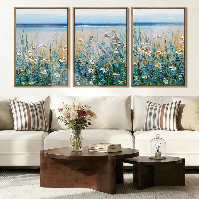 Extra Large Blue Floral Wall Art Framed Artwork for Living Room Bedroom Bathroom Blue Flowers Bloom Painting by The Seaside 24x36 Inches Set of 3