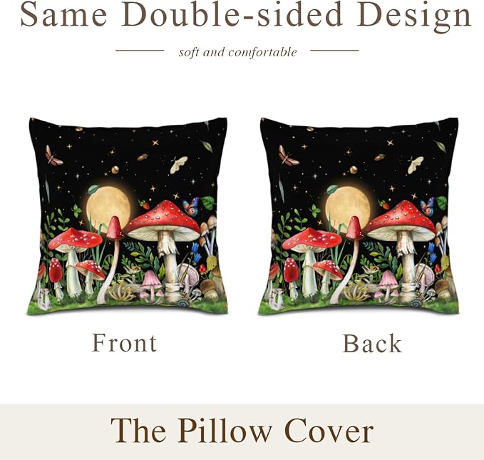 Red Mushroom Pillow Covers Aesthetic 18"x18" Witchy Cushion Covers Set of 2 Black Ourdoor Decorative Throw Pillow Cases for Couch Bed Sofa Chair,Witchy Living Room Decor