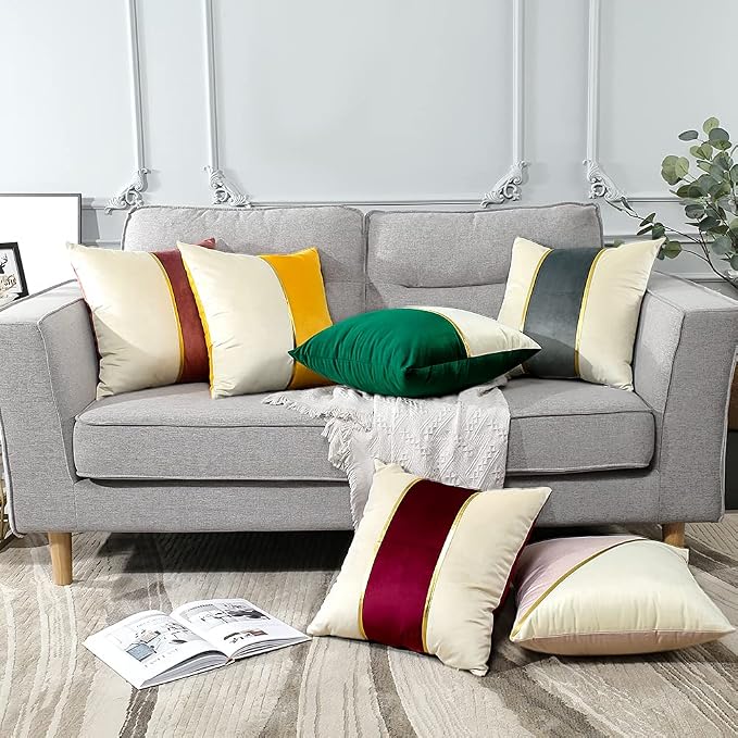 OTOSTAR Set of 4 Soft Velvet Throw Pillow Covers 18x18 Inch Modern Decorative Pillow Covers Gold Leather Striped Square Luxury Pillowcase Cushion Case for Couch Living Room Bed Sofa Home Decor (Green)