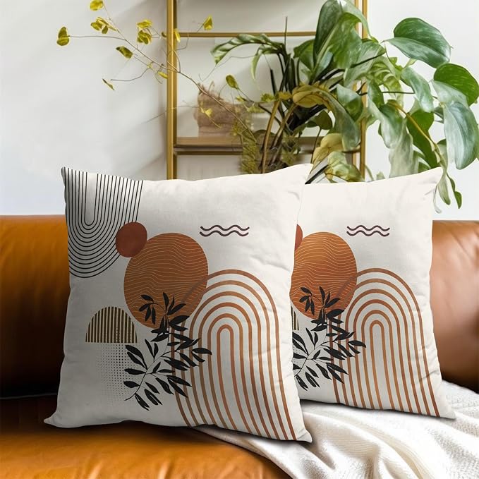 Boho Throw Pillow Covers 22x22 Inch Set of 2 Mid-Century Modern Cushion Case Geometric Tropical Leaf Sun Decorative Bohemian Pillowcase for Home Sofa Couch Patio