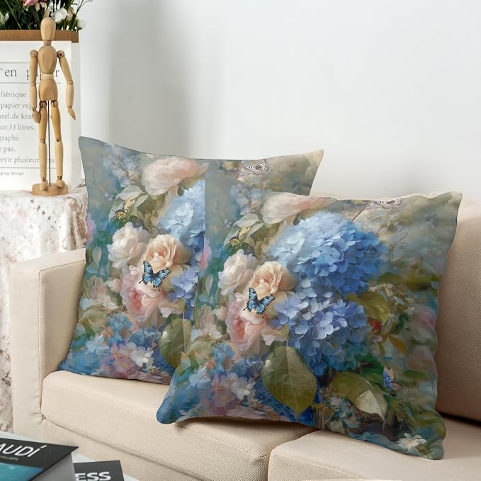 Vintage Rose Hydrangea Pillow Covers Oil Painting Floral Throw Pillow Covers Spring Summer Pillow Case 22x22 Blue Pink Flowers Cushion Case for Living Room Couch Sofa Set of 2