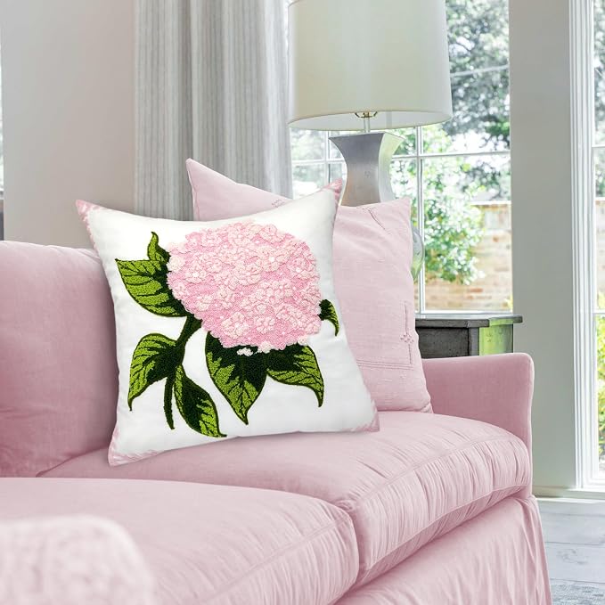 Alysheer Spring Hydrangea Embroidered Decorative Throw Pillow Covers 18"x 18" Set of 2, Summer Floral Tufted Patterned Light Pink Cotton Cushion Cases for Couch Bed Living Room Decor