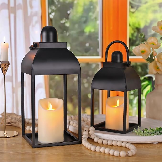 Lanterns Decorative Indoor 15" 11" Set of 2 Black Metal Lantern with Candle | Glass-free Decorative Lanterns with Candles and Remote Control, Outdoor Lanterns for Porch Patio Wedding Mantle Home Decor