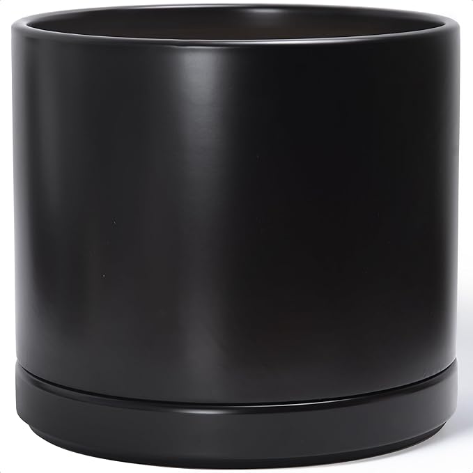 D'vine Dev 16 Inch Ceramic Planter Pot, Black, 94-O-H-2 | Modern Cylinder Design, Drainage Hole & Saucer Included, Stable Structure, Elegant Home Accent