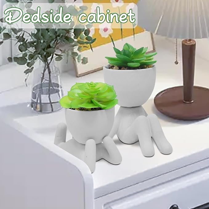 Zerzsy 2 Pack Artificial Plants Succulents with Creative Human Shaped Pots, Office Plant Cute Desk Decor for Women, Fake Succulent Decoration for Home Bathroom Shelf Decor (Grey)