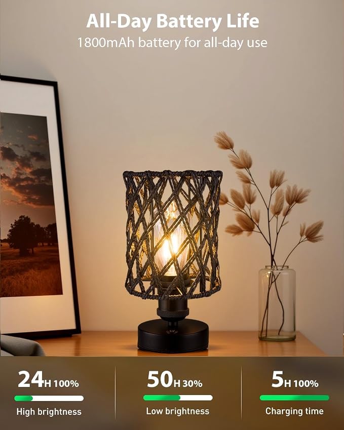 Cordless Outdoor Table Lamps, Small Rattan Boho, Rechargeable Battery Operated for Outdoor Patio, Home, Living Room, Bedroom, Bedside - Set of 2 (Black-A)