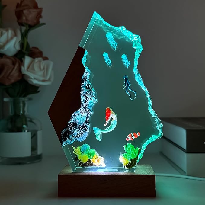 Handmade Mermaid Resin Ocean Lamp with Wood Base