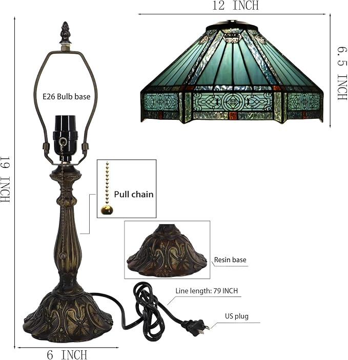 Tiffany Lamp Stained Glass Table Lamp Bedside Reading Light W12H19 Inches (Mission Style)