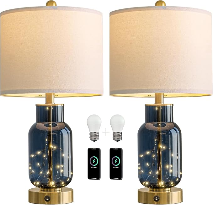 Oneach 22" Glass Table Lamps Set of 2 with LED Nightlight for Bedroom, Blue