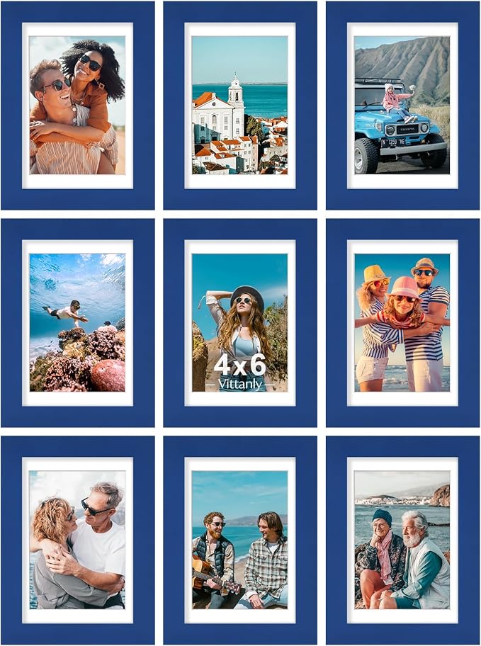 Vittanly 4x6 Picture Frames Set of 9 for Wall or Tabletop Display, Blue | Display Pictures 3.5x5 with Mat or 4x6 without Mat, Small Photo Frames, Engineered Wood with Shatter Resistant Plexiglass