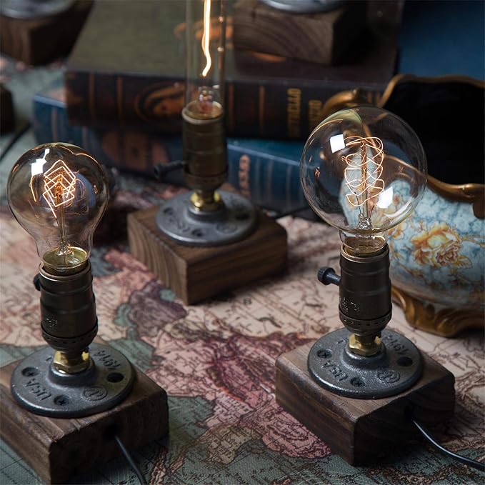 Vintage Table Lamp, Industrial Nightlight Steampunk Desk Lamp with E26 Antique Lamp Holder for Bedroom Living Room Home Art Display Cafe Bar Studio Antique Decor, Push Button(Without Bulb)