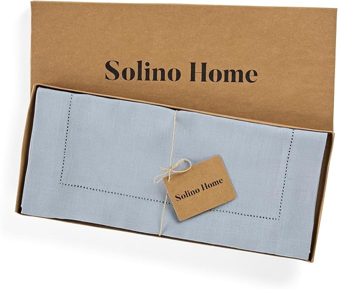 Solino Home 100% Pure Linen Table Runner Dusty Blue Hemstitch, 14 x 144 in | Classic Hemstitch, brings a tailored look to family meals and hosting, hemstitched border, soft, fine, OEKO-TEX Certified
