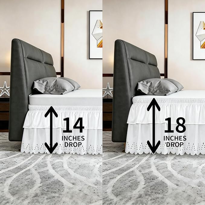 Twin Bed Skirt, Double-Layered Ruffled Eyelet Bed Skirt, Wrap-Around Elastic Dust Ruffle Twin Size with Gathered Styling and Embroidered Details, 18" Drop Length (White)