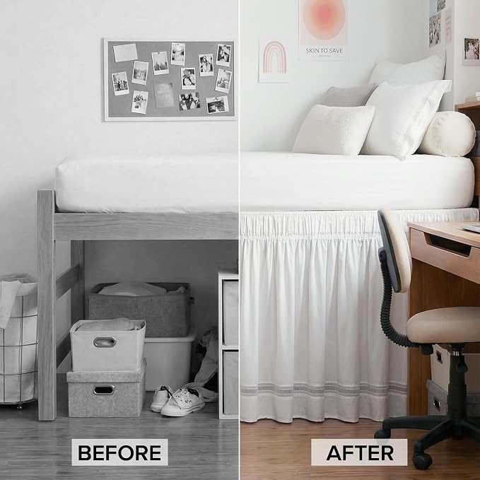 MIYE Dorm Bed Skirt, Extra Long Dust Ruffle with Elastic Adjustable Belts, Easy to Put On, Machine Washable (Ruffled Lace/White, Twin/TwinXL-36 Drop)