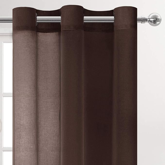 DWCN Brown Sheer Curtains for Living Room Bedroom - Faux Linen Look Voile Drapes Grommet Top Window Curtain Panel 46 x 54 Inch Length, Set of 2 Panels