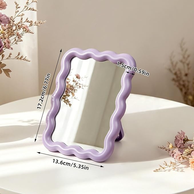 Wave Table Desk Vanity Makeup Mirror Small Make Up Office Mirror Purple | Desk Decor,Cute Mirror,Cute Desk Accessories,Mini Mirror,for Standing Hanging,6.7X5.3Inch,Home Decor