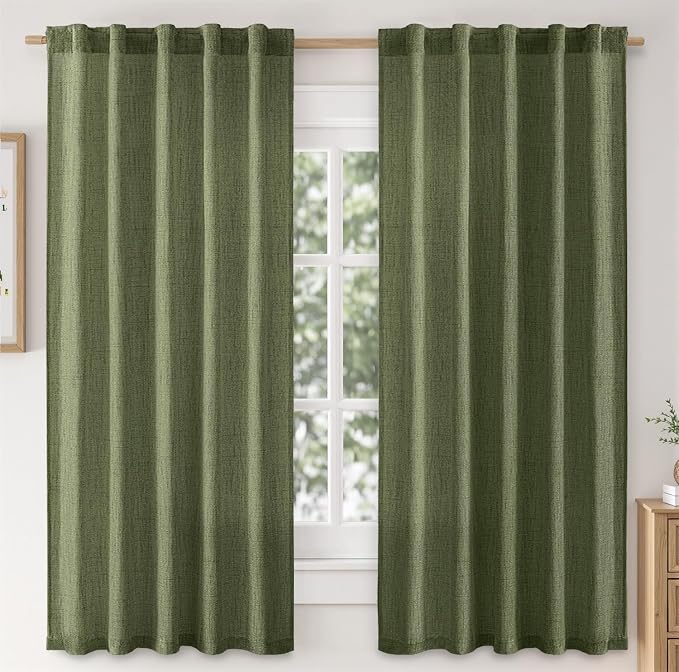 MIULEE Faux Linen Curtains 63 Inch Length 2 Panels Natural Olive Green Semi Sheer Curtain with Back Tab Rod Pocket, Light Filtering Window Privacy Burlap Drapes for Living Room Bedroom 42W x 63L