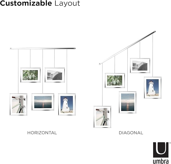 Umbra Exhibit Picture Frame Set, Adjustable Wall Mount, Set of 5, Chrome | Steel construction, customizable layout, damage-free hanging, fits 4x6 and 5x7 photos, includes mounting hardware