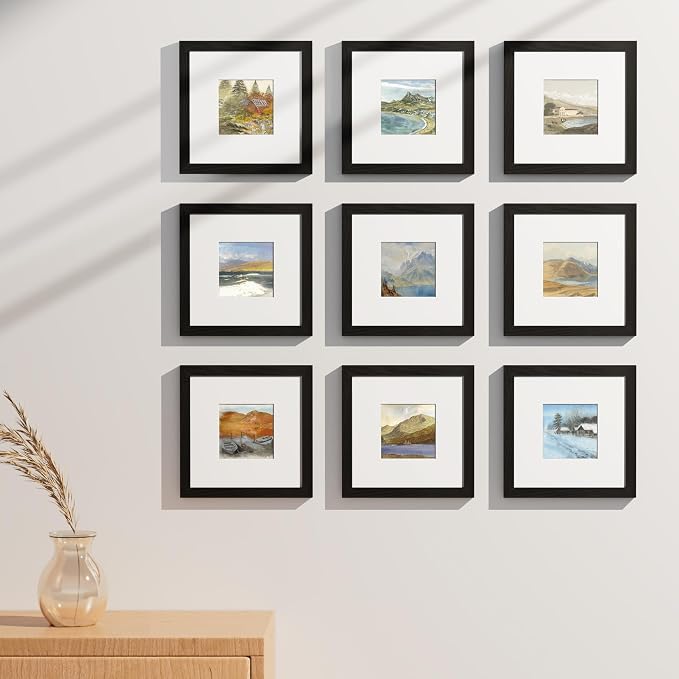 Vittanly 8x8 Picture Frames Set of 9 for Wall or Tabletop Display, Black | Display Pictures 4x4 with Mat or 8x8 without Mat for Wall Mounting, Square Photo Frames for Home Decor, Engineered Wood