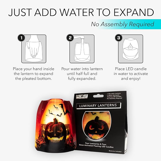 MODGY Luminary Lanterns, Halloween Candle Holders with Flameless Floating LED Candles, Indoor Outdoor Decor for Parties, Home, Windows, and Mantels, Table Centerpiece, 4-Pack, Jacko