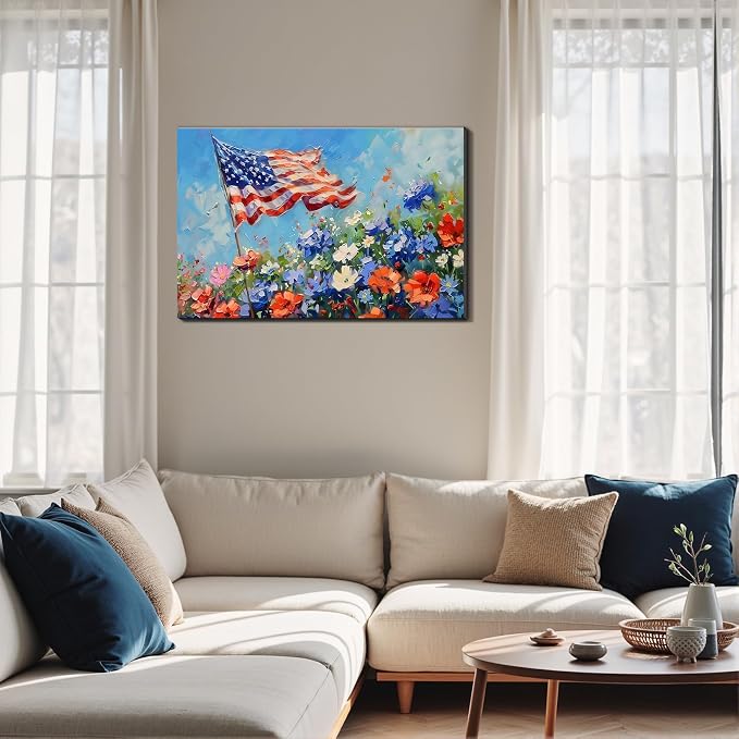 Framed American Flag Military Wall Art, Patriotic Veteran Canvas Art Pictures, USA Hero Wall Decor, Made in USA Ready to Hang for Office Man Cave Garage