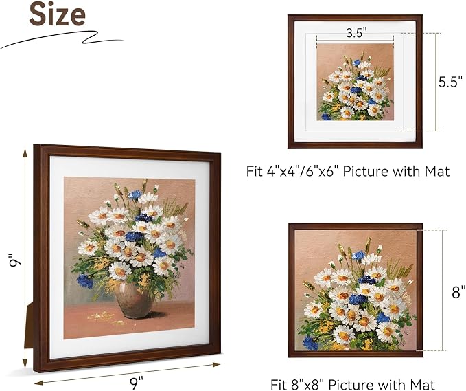 8x8 Picture Frame, Solid Walnut Wood Photo Frames with HD Real Glass