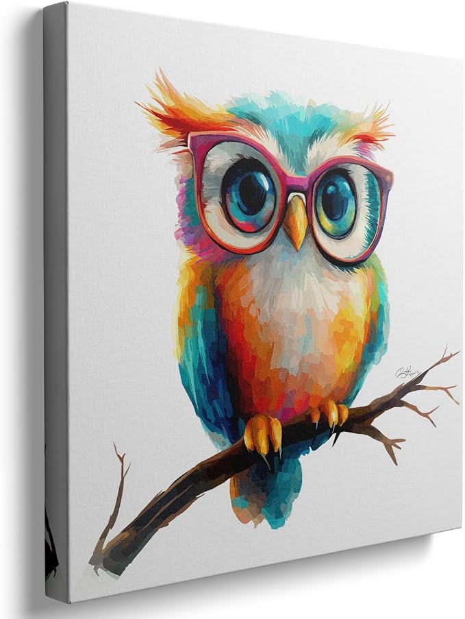Ypxzzj Cute Owl with Glasses Canvas Wall Art,Colorful Owl Decor Wall Art Pictures Painting Poster Artwork for Children's room Bedroom Living room Decor Framed Ready to Hang