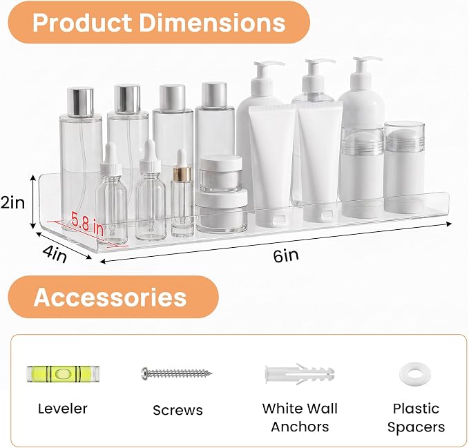 upsimples 15" x 6" Acrylic Shelves for Wall Storage and Organizer, 4 Pcs