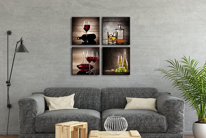 Wieco Art Red Wine Cups Modern Kitchen Wall Art Dinning Room Wall Decor 4 Panels Abstract Canvas Prints Artwork Contemporary Vintage Pictures Paintings on Canvas Wall Art for Kitchen Home
