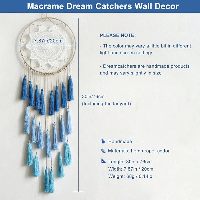 Artilady Macrame Dream Catcher Wall Hanging, Blue Large Boho Bedroom Decor