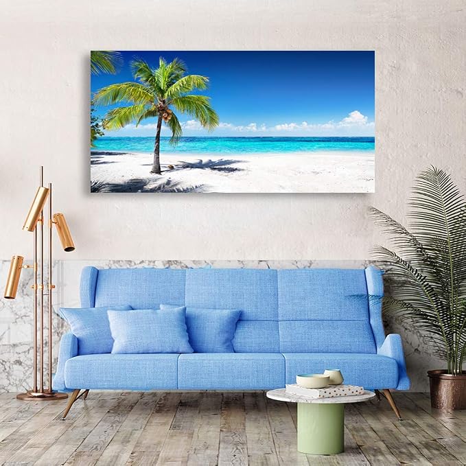 Baisuart-Large Canvas Wall Art Summer Ocean Waves Coconut Trees on Sands Beach Seascape Painting Sea Nature Pictures for Living Room Home Office Wall Decor Artwork