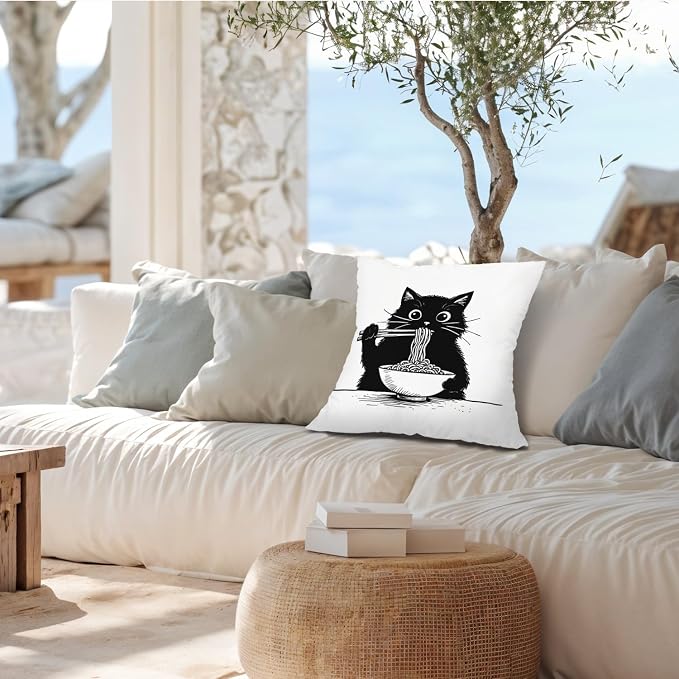 Funny Black Cat Pillow Covers 18x18, Cat Room Decor, Cute Black Kitten Eating Japanese Noodles Decorative Throw Pillow Covers Pillowcases for Bedroom Living Room Home Decor