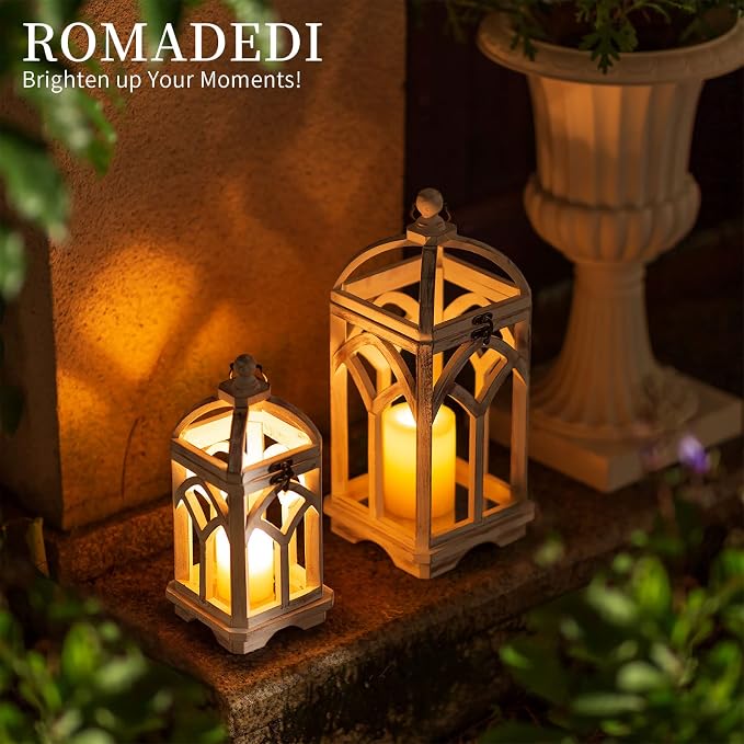 Romadedi Set of 2 Farmhouse Wood Candle Lanterns Decorative, Whitewashed | 12" and 16" Tall Rustic Lantern; Painted by Hand with Distressed White Finish; Indoor/Outdoor Use for Mantel, Table, or Patio