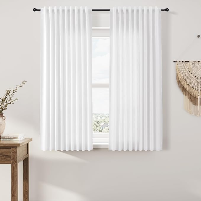 Linen Curtains 54 Inch Length for Kitchen Back Tab Rod Pocket Semi Sheer Light Filtering Short Mini Curtain Boho Modern Farmhouse Drapes for Bath Room Cafe Solid Living Room 52Wx54L White 2 Panels
