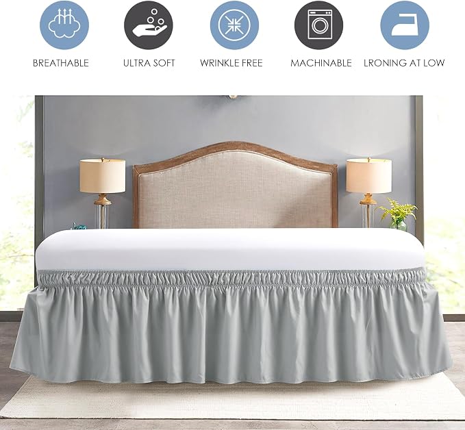 FreshCulture Elastic Wrap Around Bed Skirt - Queen Size, Hotel Quality Dust Ruffle with 15-Inch Tailored Drop (Light Grey)