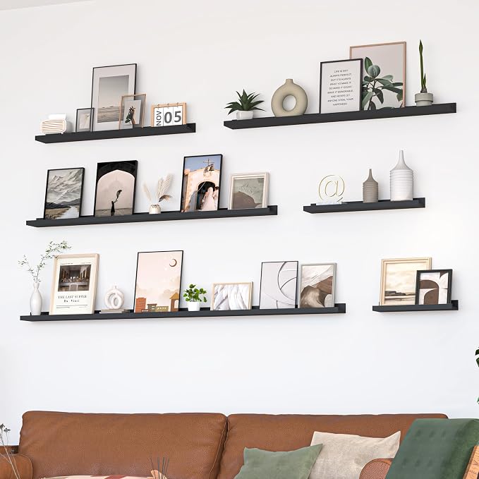 Heimlove Picture Ledge Shelf, Floating Shelves Set of 2, 24 Inches Picture Shelf for Wall with Ledge, Kids Bookshelf Wall Mounted for Living Room Bedroom Decor Books Photo Frames - Black