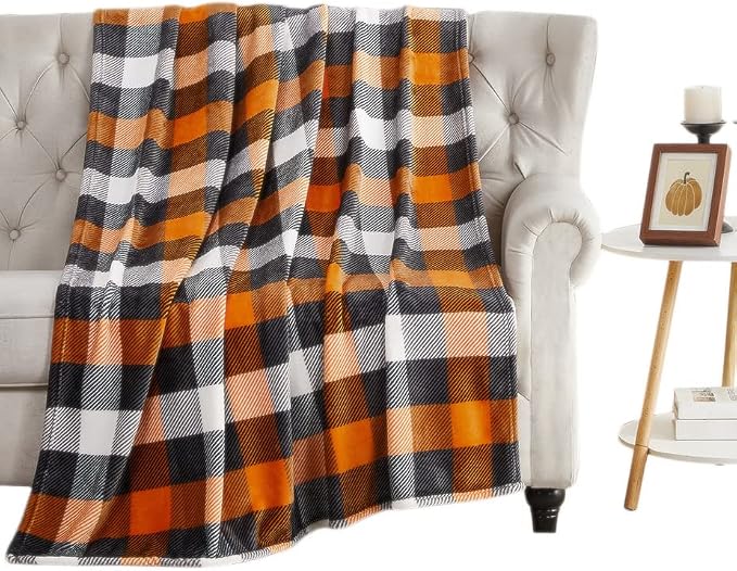Serafina Home Fall Plaid Blanket Throw: Orange Black White Farmhouse Tartan Print on Velvet Fleece, 50" x 70" for Sofa Couch Bed Outdoor Events