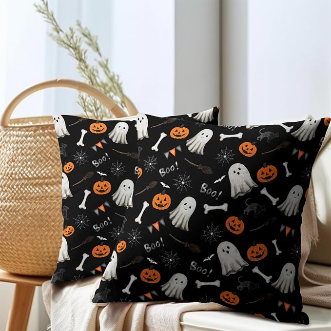 Halloween Throw Pillow Covers 18X18 Inch Set of 2 Boo Cute Ghost Orange Pumpkins Bat Web Decorative Black Pillow Cases Holiday Cotton Linen Cushion Cover for Home Sofa Porch Outdoor Decor
